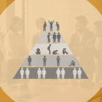 Illustration représentant la pyramide des cinq dysfonctionnements d’une équipe, inspirée du modèle de Patrick Lencioni. La pyramide est composée de cinq niveaux superposés, chacun illustré par des silhouettes humaines symbolisant différents comportements : – À la base, plusieurs personnes alignées mais déconnectées les unes des autres, représentant le manque de confiance. – Au-dessus, des individus fermés ou tournant le dos, évoquant la peur du conflit. – Au niveau suivant, des figures assises ou abattues, symbolisant le manque d’engagement. – Plus haut, des personnes indifférentes ou désengagées, illustrant l’évitement de la responsabilité. – Au sommet, deux silhouettes se félicitant, isolées du groupe, incarnant le manque d’attention aux résultats collectifs. En arrière-plan, un environnement de bureau moderne et chaleureux, suggérant le contexte professionnel.